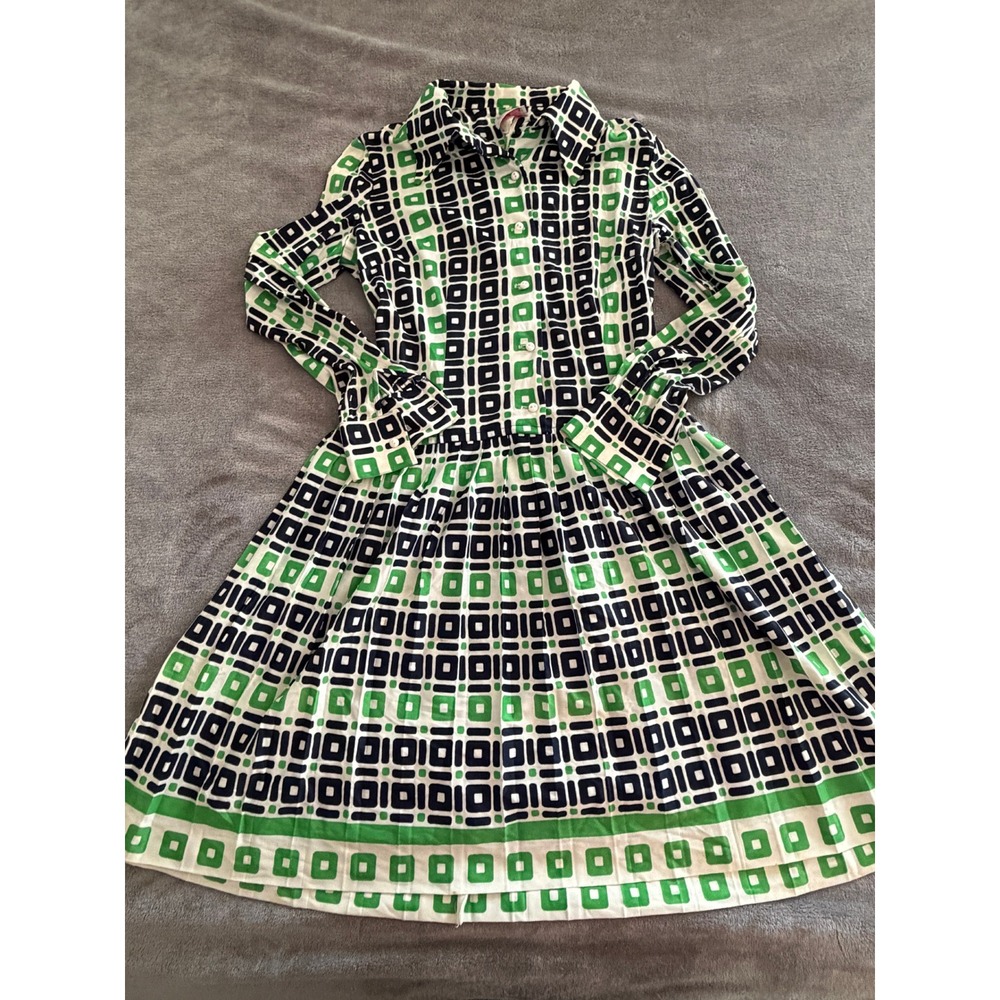 Retro 70's Geometric Print Button Front Midi‎ Dress Green Navy White Women's